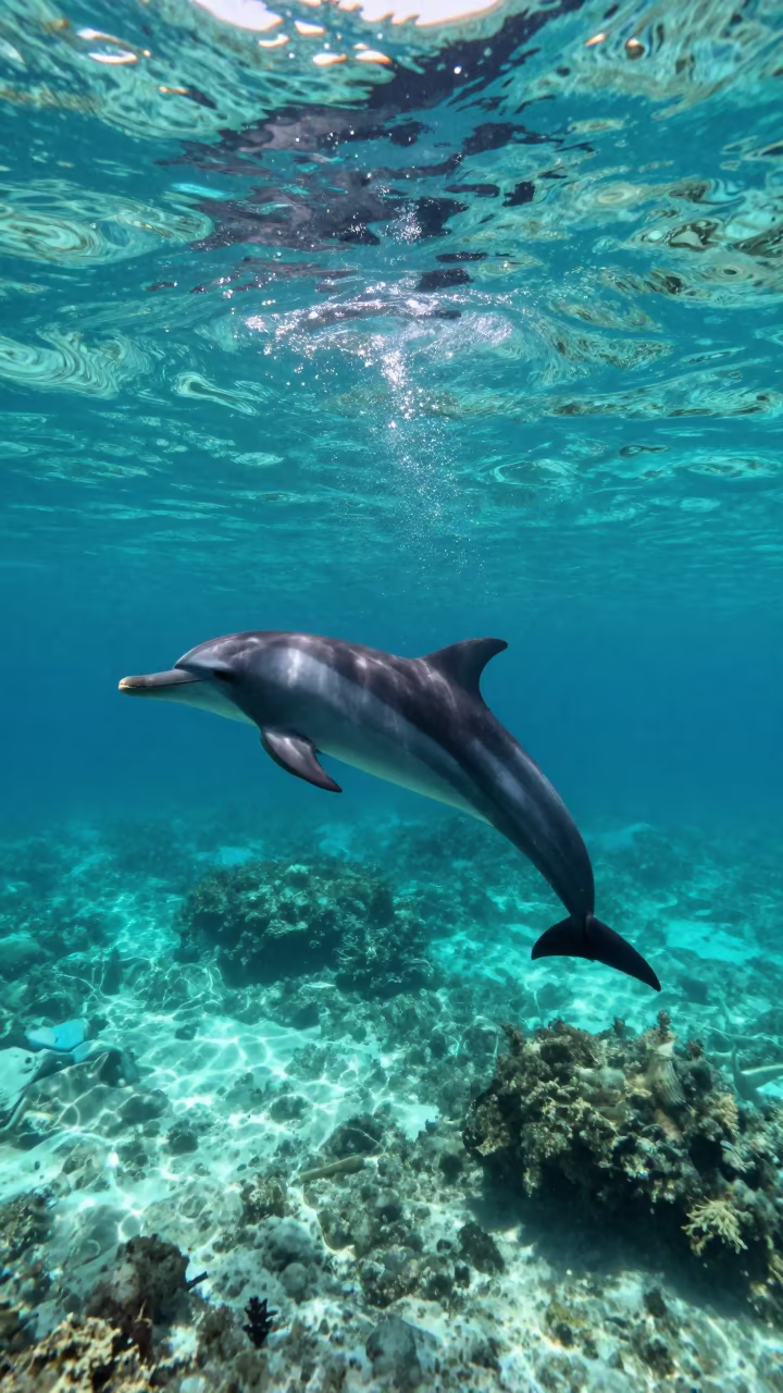 Spinner Dolphin Twisting Above Turquoise Reef in beside a reef crevice under clear water near Stone Town