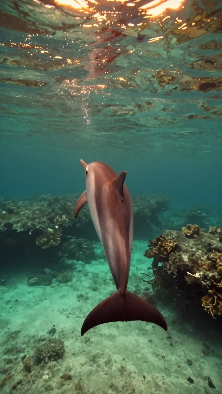 Spinner Dolphin Twists Over Turquoise Reef at Golden Hour in beside a reef crevice under clear water near Stone Town