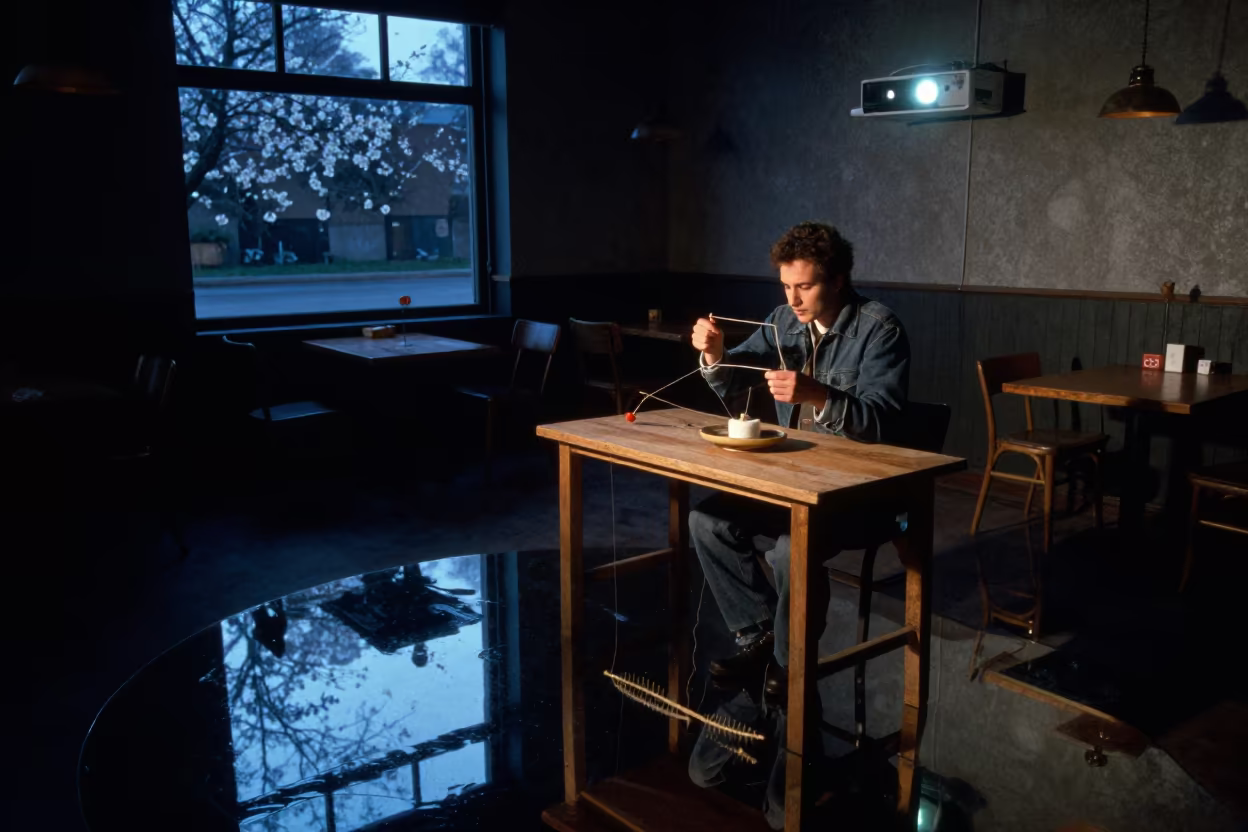 Spinner Drafts Wool Over Night Water Reflections in on a cafe table by a window near Amritsar