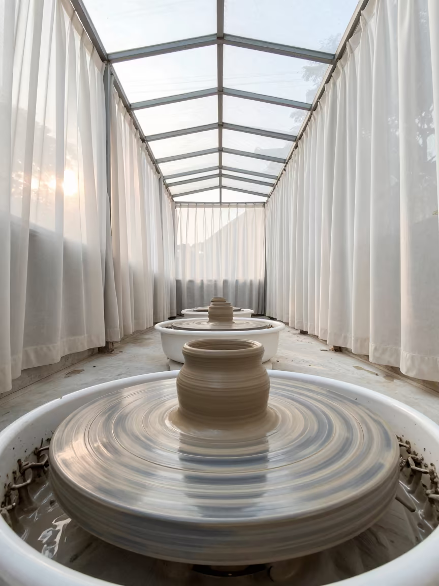 Spinning Clay Blur in Akola Arcade Light in inside a glass-roofed arcade in Akola