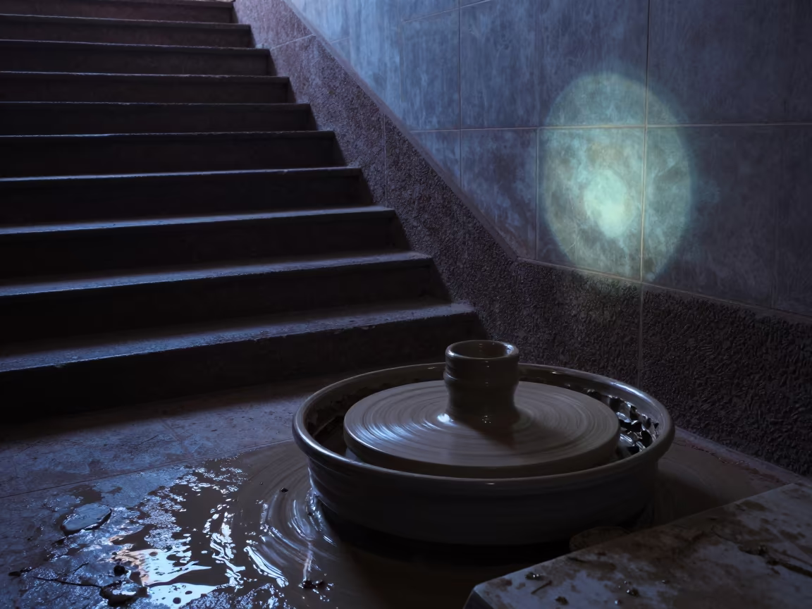 Spinning Clay Blur in Lijiang Stair Hall in inside a tiled stair hall in Lijiang