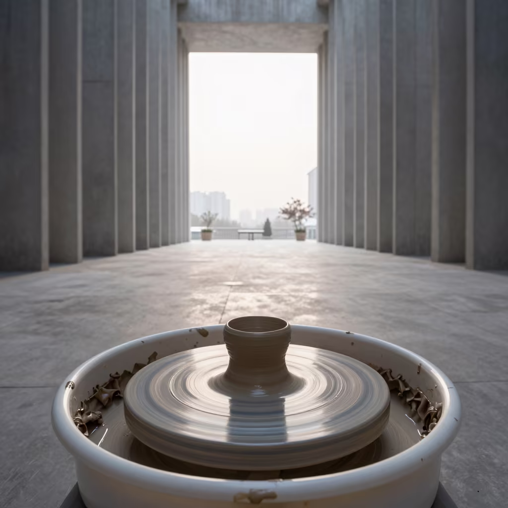 Spinning Clay Motion Blur in Concrete Lobby in inside a ribbed concrete lobby in Zhengzhou