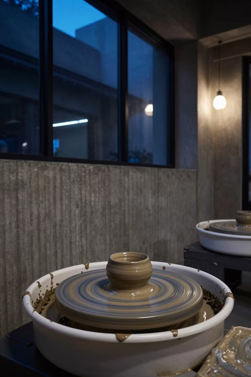 Spinning Clay Wheel Blur in Eluru Lobby in inside a ribbed concrete lobby in Eluru