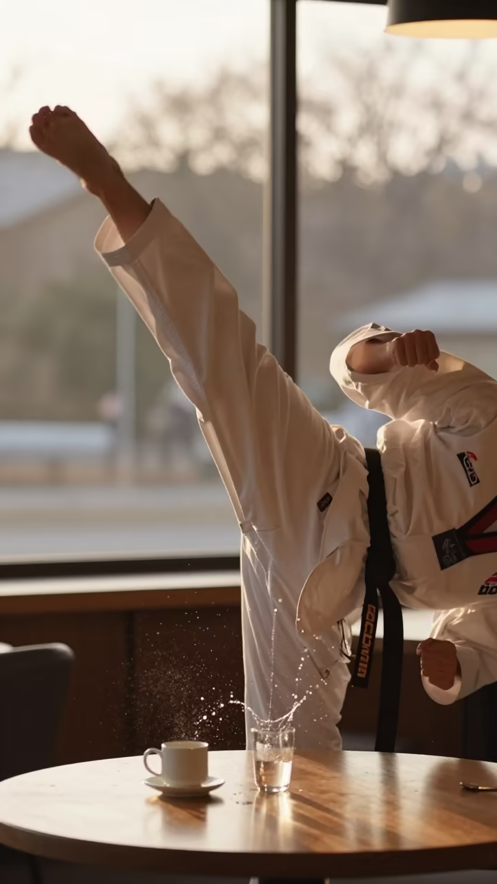 Spinning Heel Kick on Okinawan Cafe Table in on a cafe table by a window in Okinawa