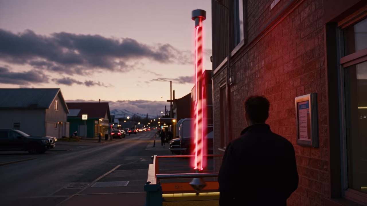 Spinning Neon Barbershop Pole Anchorage Alley in outside a metro entrance in Anchorage