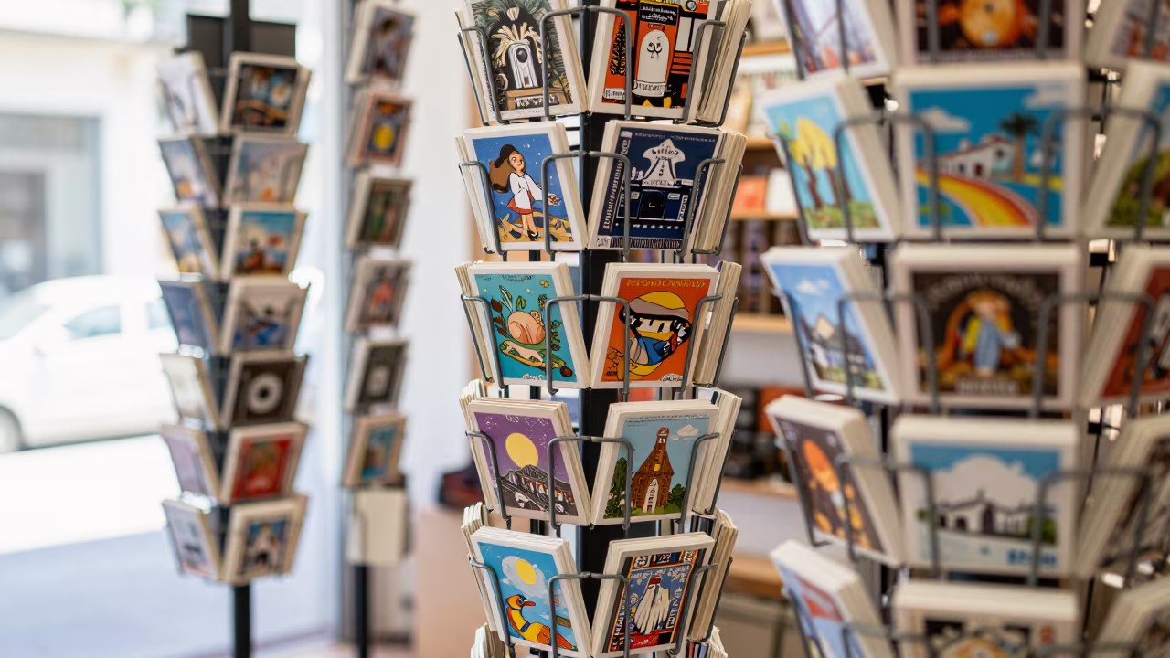 Spinning Postcard Rack in Campeche Shop in inside a retail floor display area in San Francisco de Campeche