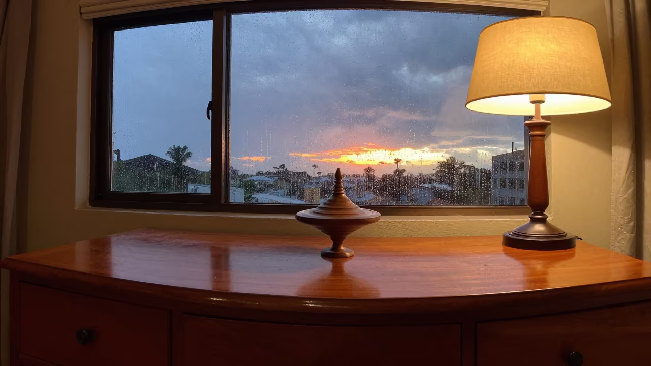 Spinning Top on Hotel Dresser in San Salvador in on a hotel dresser in San Salvador