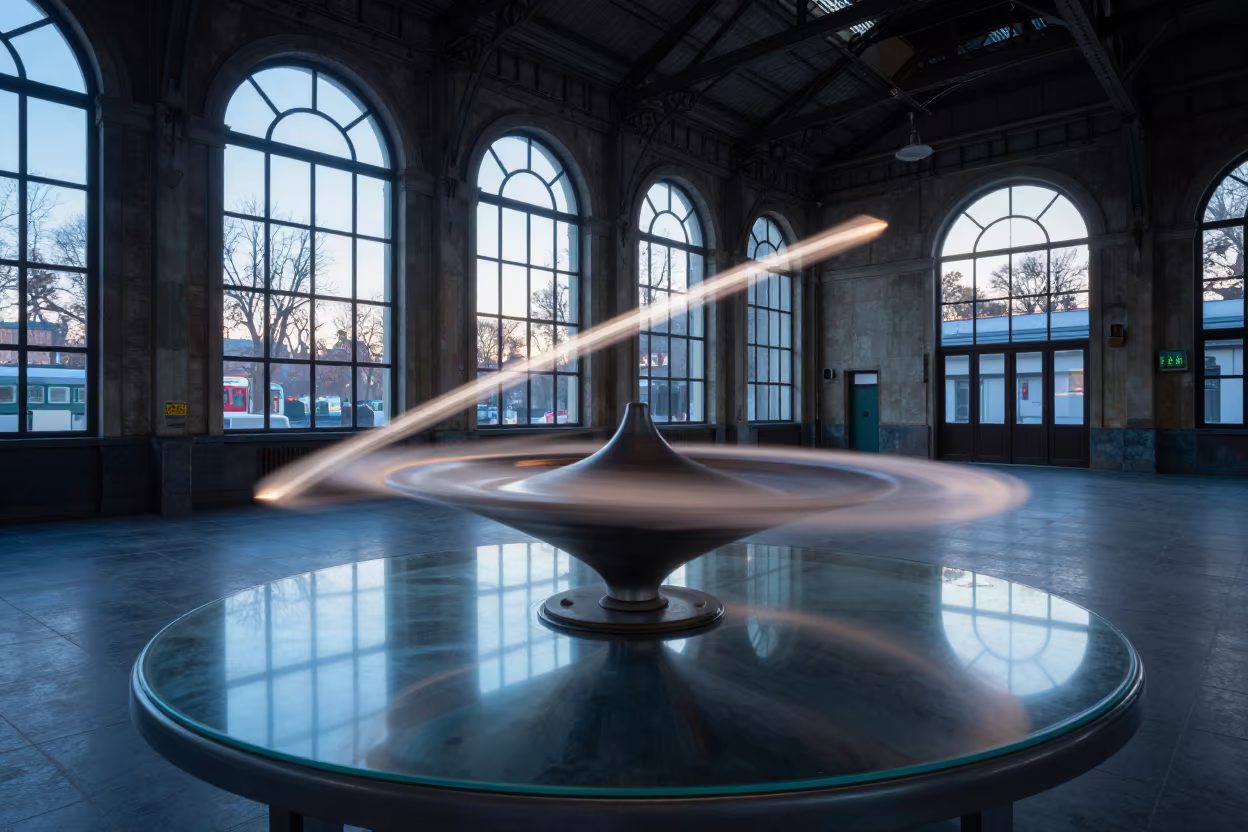 Spinning Top Light Trail on Glass Table in inside a restored train terminal in Eskişehir