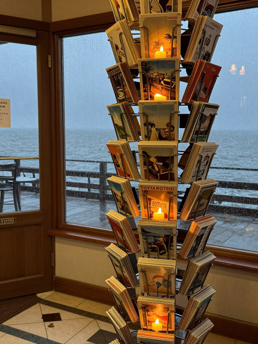 Spinning Vintage Postcard Rack in Seaside Shop in beside a seasonal endcap near the sales floor in Mississauga