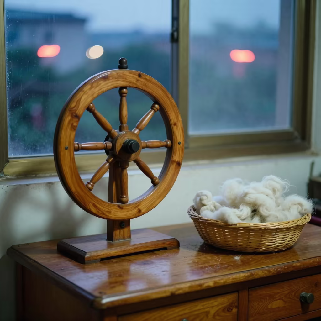 Spinning Wheel on Bago Desk at Dusk in on a writing desk in Bago