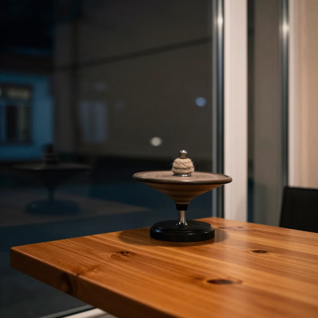 Spinning Wheel by Window in Olmaliq Cafe Night in on a cafe table by a window in Olmaliq