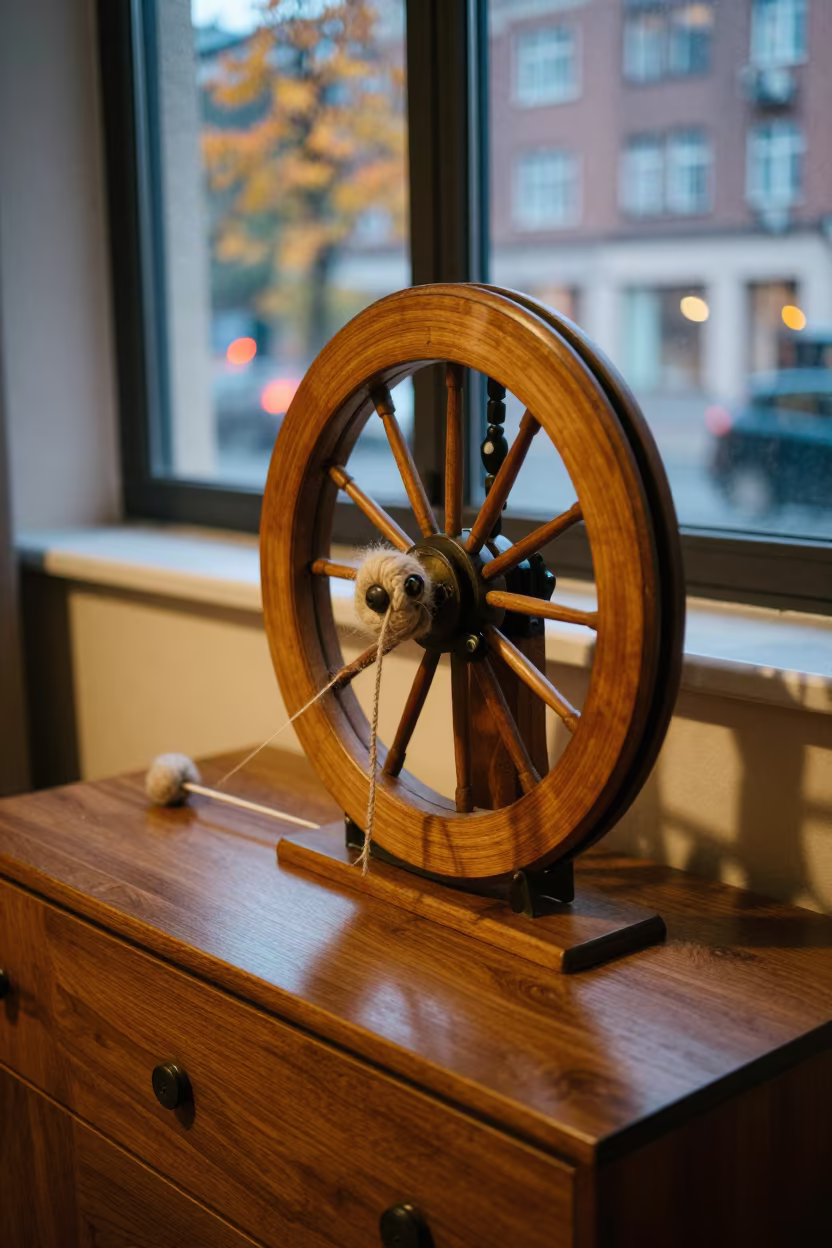 Spinning Wheel Wool Detail Near Belgrade Hotel in on a hotel dresser near Belgrade