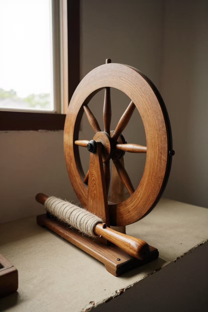Spinning Wheel Wool Distaff Iquitos Window in on a painted display ledge in Iquitos