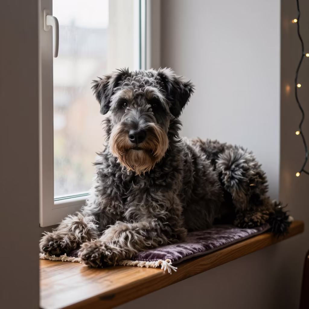 Spinone Italiano Coat Detail on Window Seat in on a window seat in a quiet apartment with soft side light in Piacenza