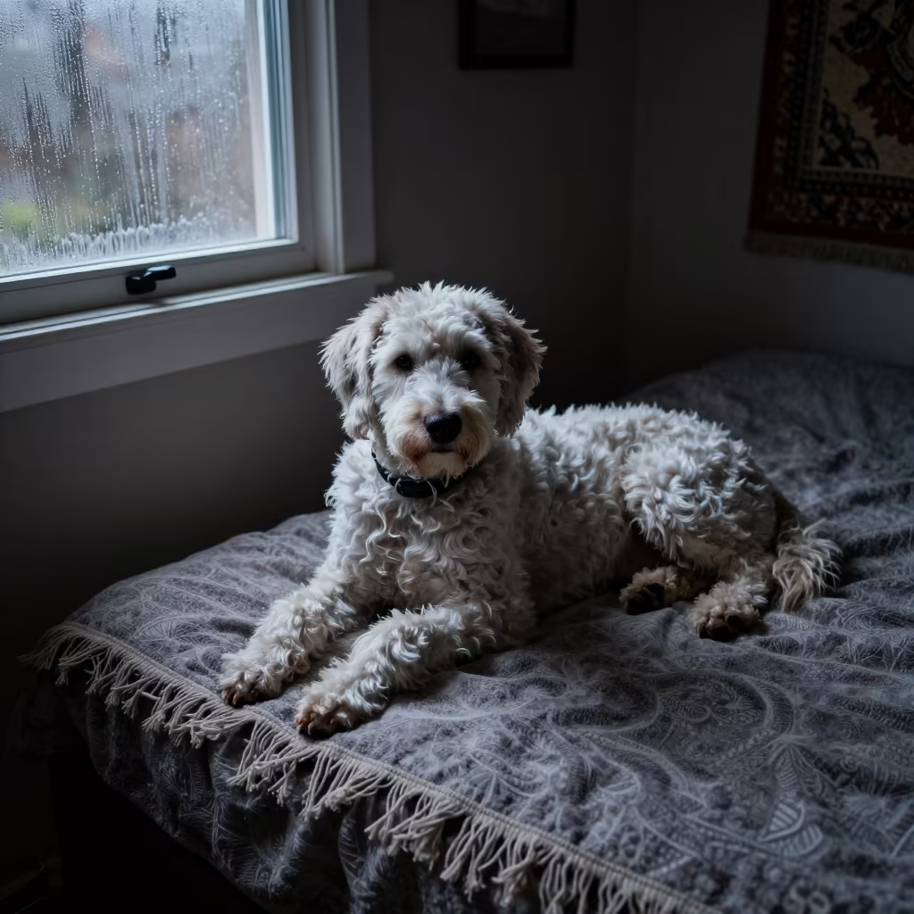 Spinone Italiano Dog Resting on Bedroom Bedspread in on a bedspread near a bright window with calm indoor light near Mangalore