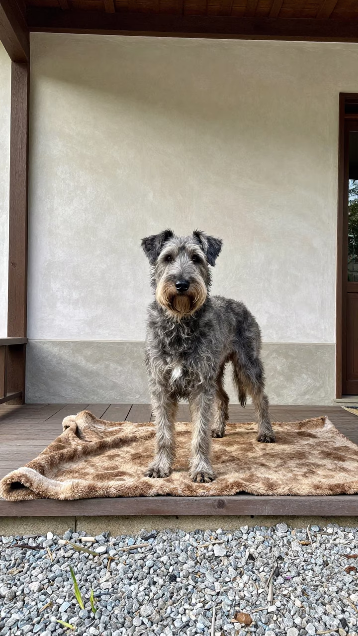 Spinone Italiano on Shaded Porch in Bratislava Courtyard in beside a plain courtyard wall in clear daylight with the animal at eye level in Bratislava