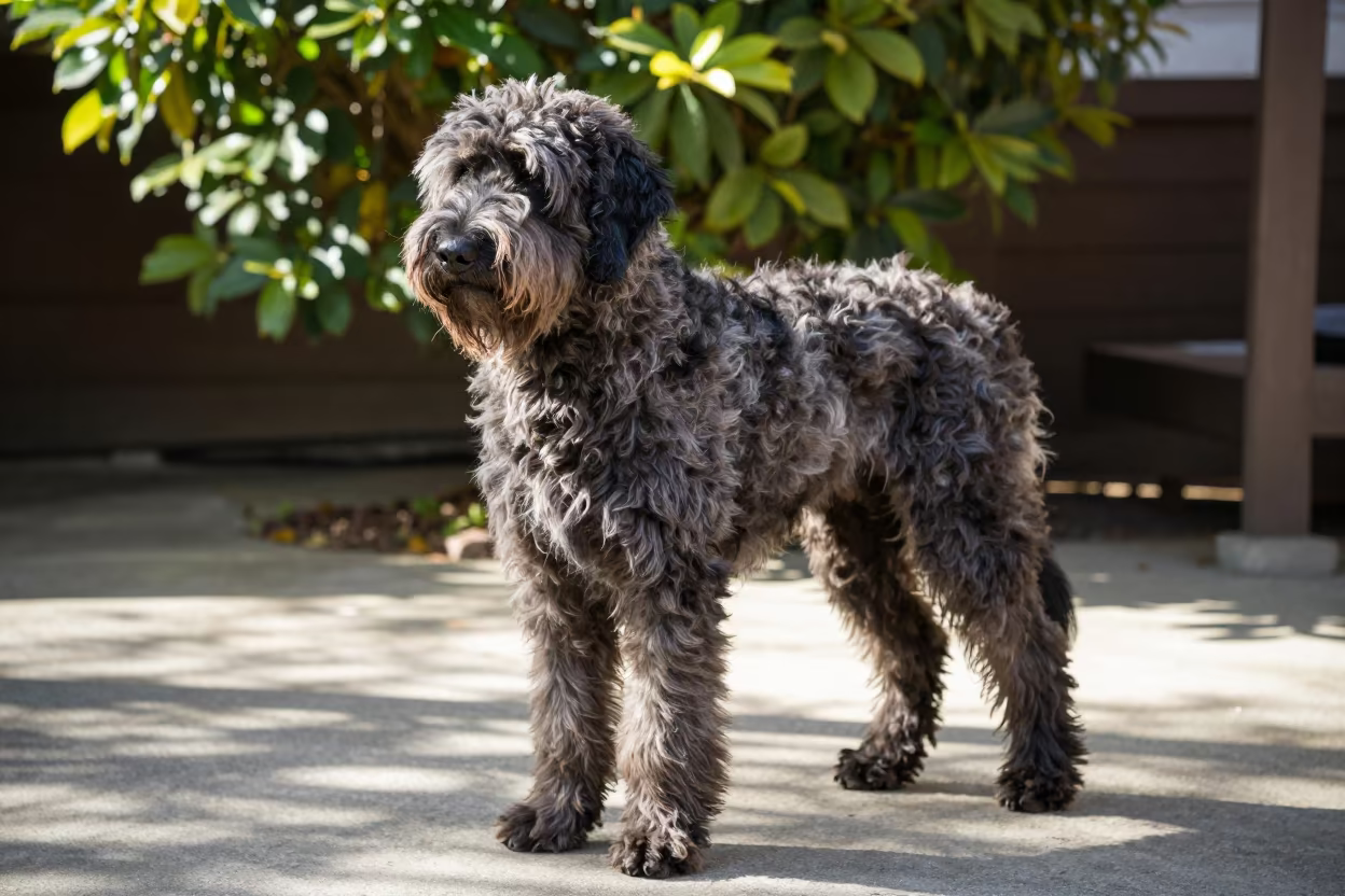 Spinone Italiano on Shaded Porch in Omdurman Morning Light in near a garden edge with soft morning light and an uncluttered background in Omdurman