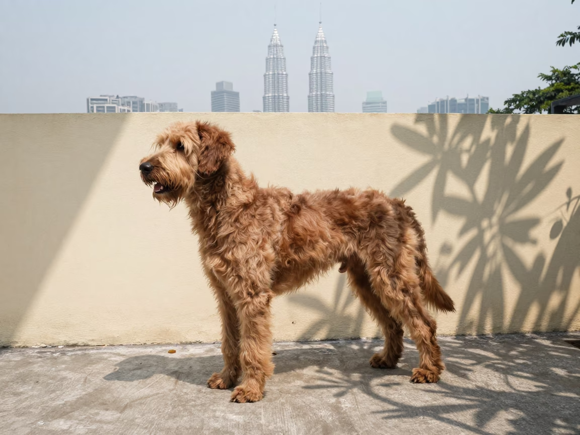Spinone Italiano on Shaded Porch Near Bukit Bintang in beside a plain courtyard wall in clear daylight with the animal at eye level near Bukit Bintang, Kuala Lumpur
