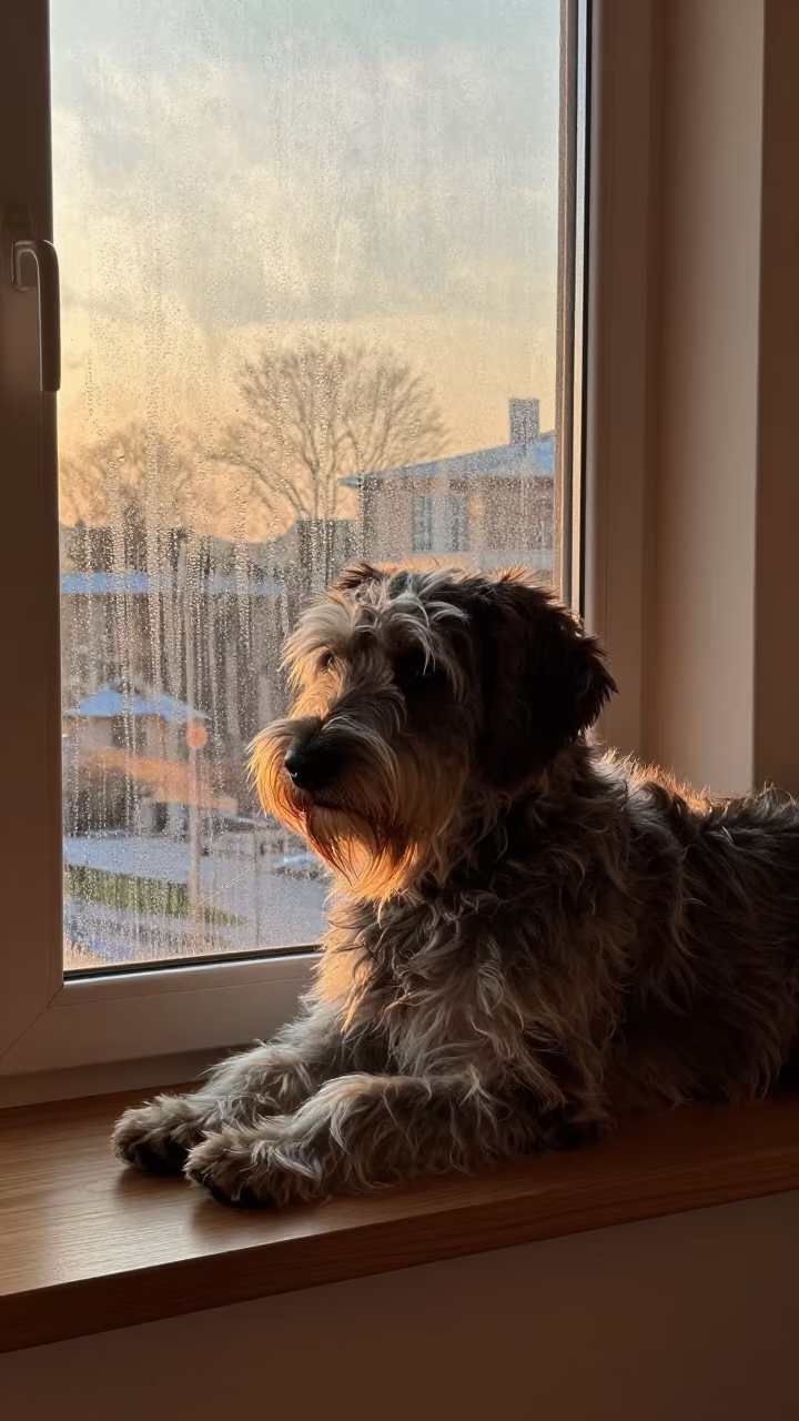 Spinone Italiano on Varanasi Window Seat in on a window seat in a quiet apartment with soft side light near Varanasi