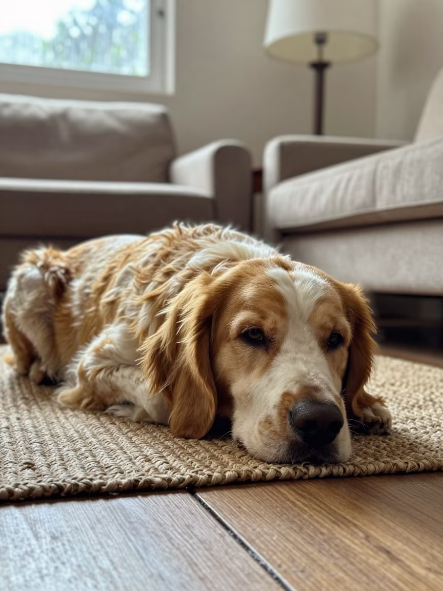 Spinone Italiano on Woven Rug in Bobo-Dioulasso Home in on a woven rug beside a low couch and an uncluttered wall in Bobo-Dioulasso