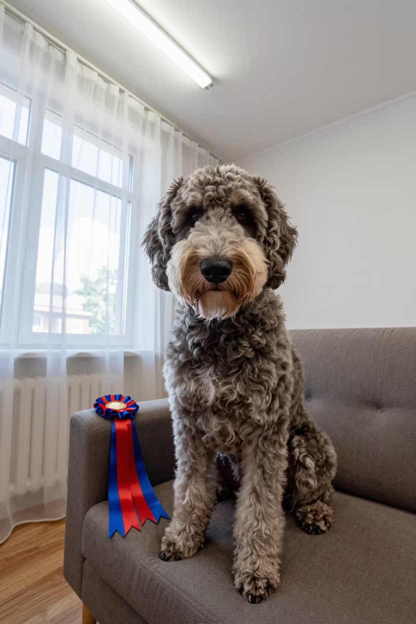Spinone Italiano Portrait Near Kyiv Window in on a sofa near a curtained window with calm indoor light near Kyiv