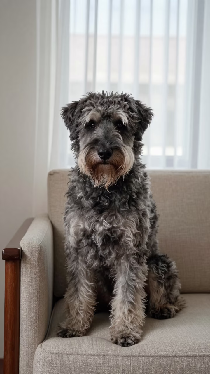 Spinone Italiano Portrait Near Taipei Window in on a sofa near a curtained window with calm indoor light in Zhongshan, Taipei