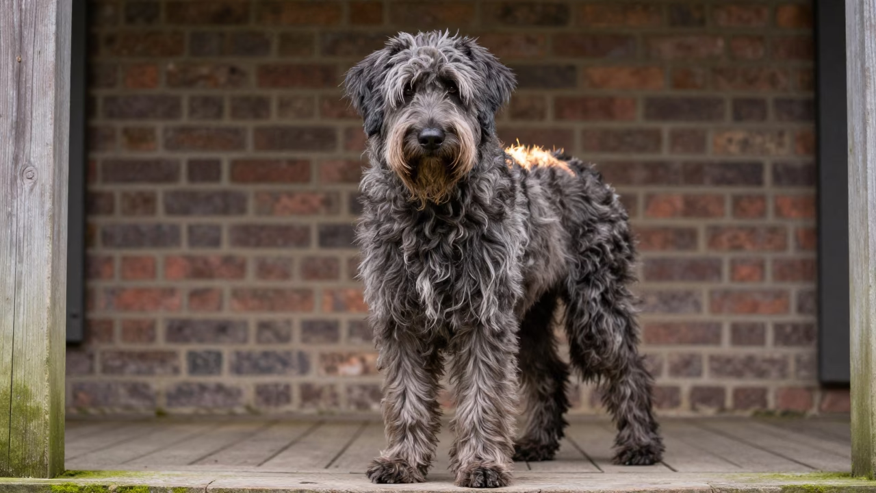Spinone Italiano Portrait on Shaded Lille Porch in on a shaded front porch with boards, railings, and eye-level framing near Lille