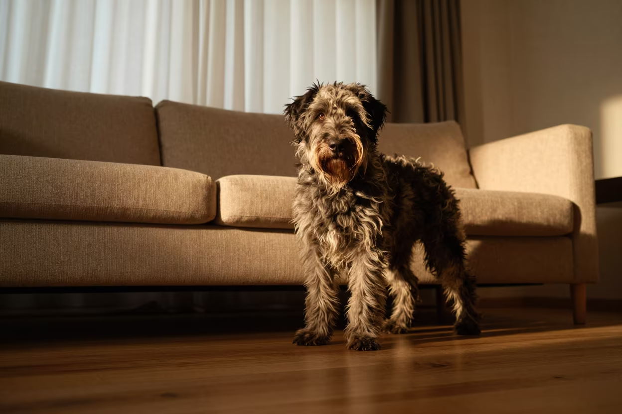 Spinone Italiano Portrait on Sofa in Cologne in on a sofa near a curtained window with calm indoor light near Cologne