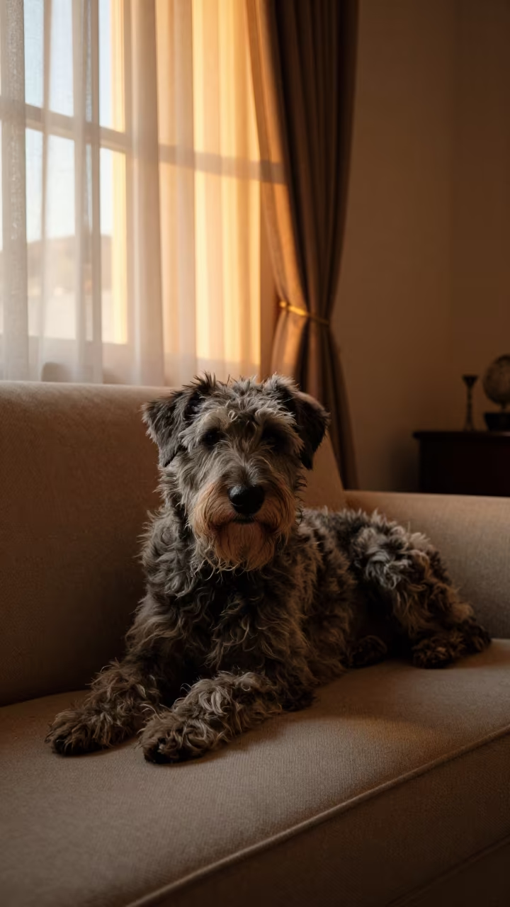 Spinone Italiano Portrait on Sofa in Udaipur in on a sofa near a curtained window with calm indoor light near Udaipur