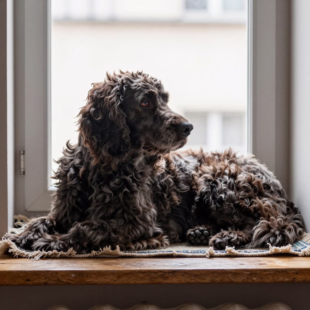 Spinone Italiano Resting on Window Seat in Quiet Apartment in on a window seat in a quiet apartment with soft side light near Abiko