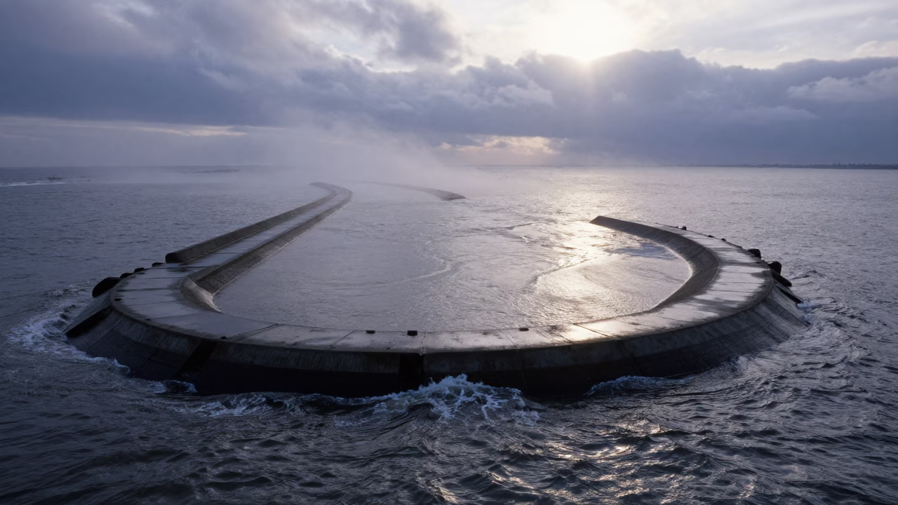 Spiral Breakwater Rising from Flooded Mombasa Levee in along a levee path above floodwater near Mombasa