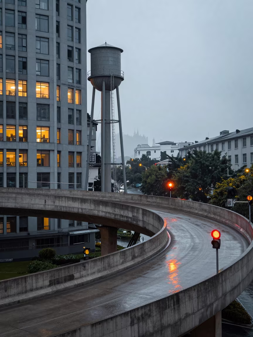 Spiraling Flyover Ramp Past Office Windows Shaanxi in beside a water tower ladder in Shaanxi