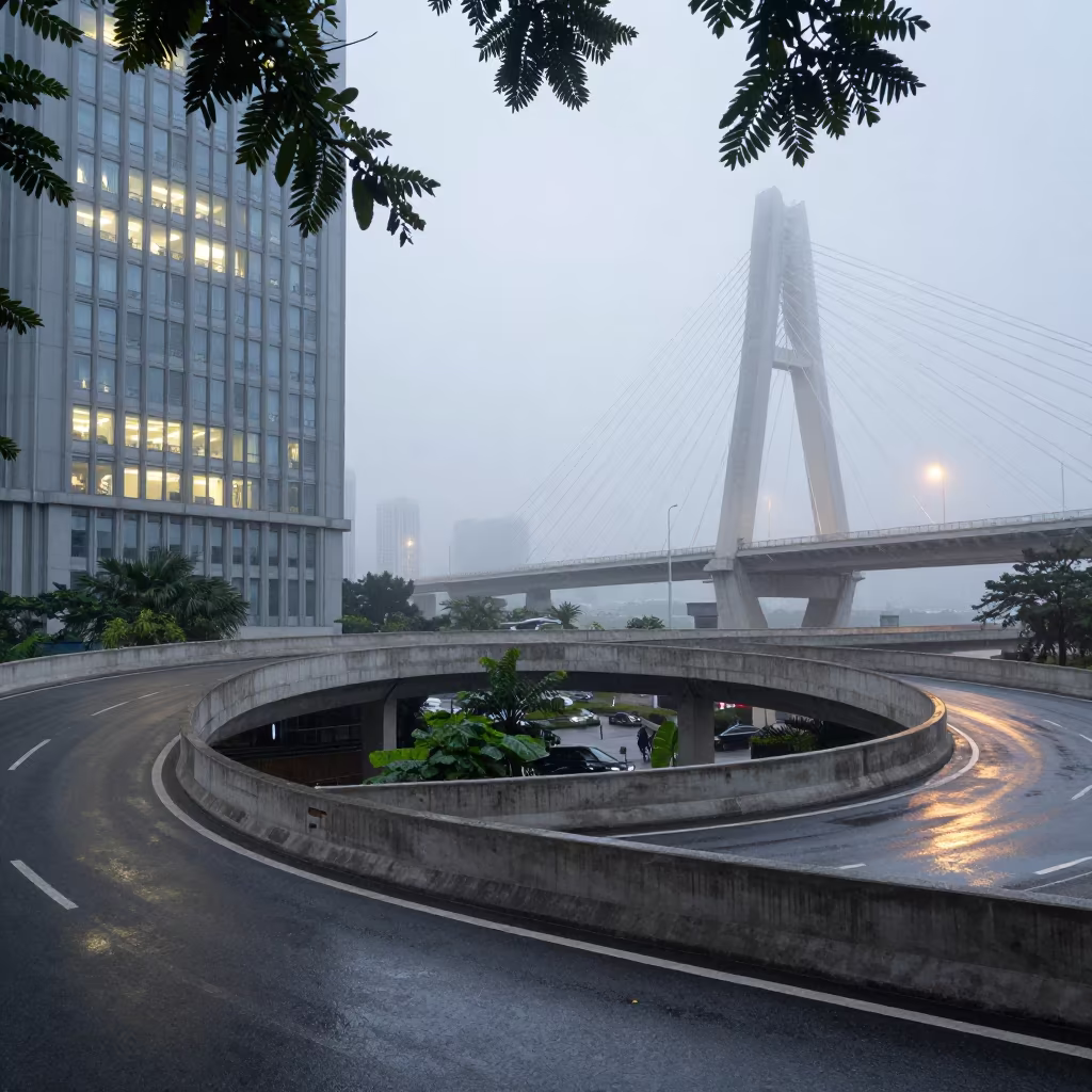 Spiral Flyover Ramp Past Office Windows Near Haikou in under a cable-stayed bridge span near Haikou