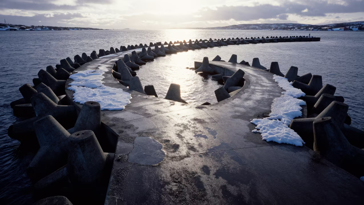 Spiral Harbor Breakwater Norway Dawn in along a levee path above floodwater in Norway