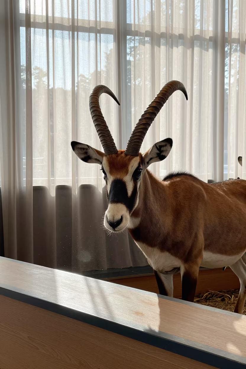 Spiral Horned Addax on Display Ledge in on a painted display ledge in Cologne