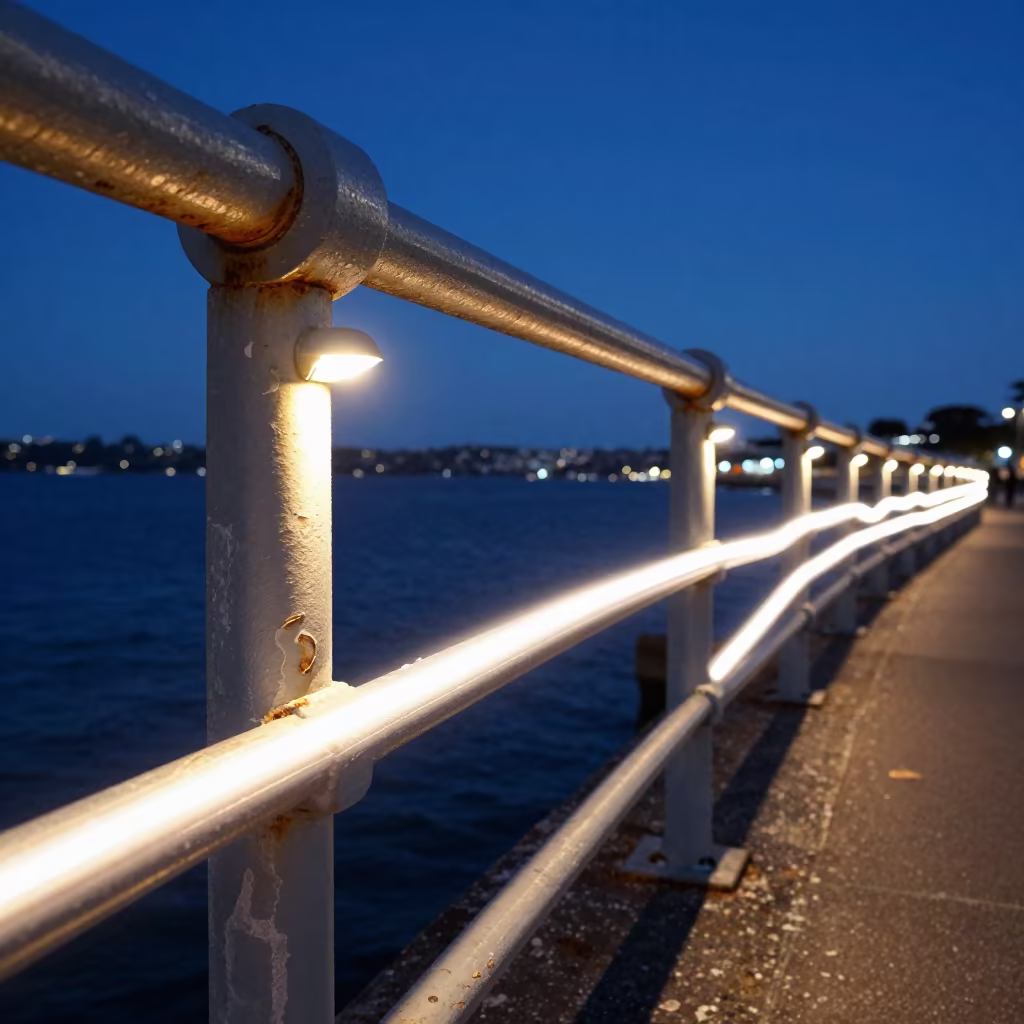 Spiral Light Painting on Sydney Pier Railing in on a pier railing near Sydney