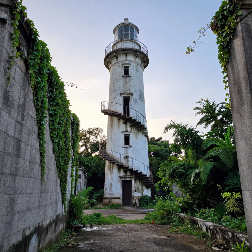Spiraling Lighthouse Stairwell Amidst Salt and Guano Ruins in beside ivy-draped masonry near Ciudad Guayana