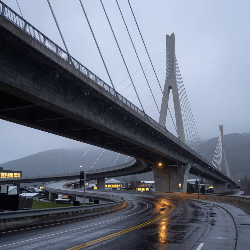 Spiral Ramp Under Alaska Bridge in Drizzle in under a cable-stayed bridge span in Alaska