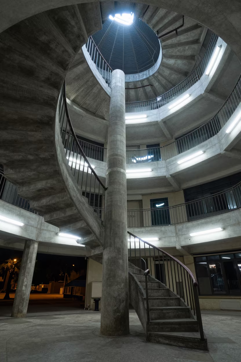 Spiral Staircase Under Fluorescent Light in Béchar Atrium in inside a vaulted atrium near Béchar