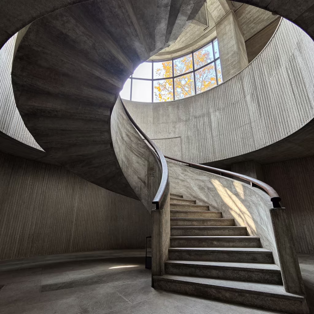 Spiral Staircase Medieval Tower Lobby Dalian in inside a ribbed concrete lobby in Dalian