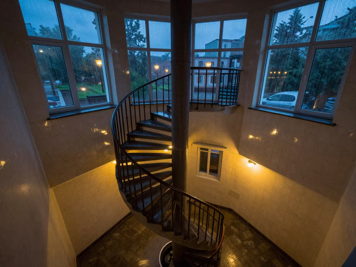 Spiral Staircase Samara Blue Hour Monsoon in inside a tiled stair hall in Samara