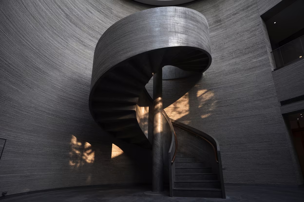 Spiral Staircase Shadow on Curved Wall in inside a ribbed concrete lobby in Ningbo