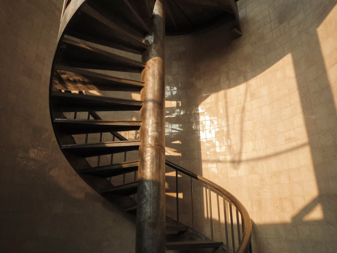 Spiral Staircase Shadow Golden Hour Rangpur in inside a tiled stair hall in Rangpur
