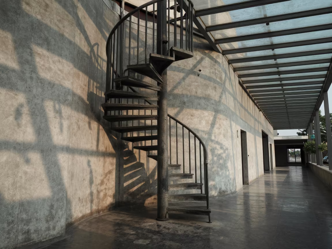 Spiral Staircase Shadow Play on Curved Concrete Wall in inside a glass-roofed arcade in Anand