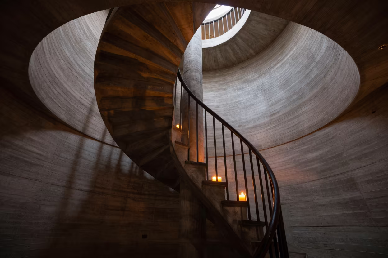 Spiral Staircase Shadow on Ribbed Concrete Wall in inside a ribbed concrete lobby near Ibiza