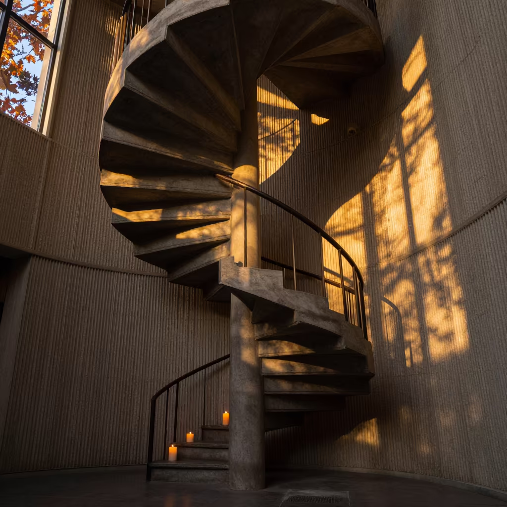Spiral Staircase Shadows on Concrete Wall in inside a ribbed concrete lobby near Rishon LeZion