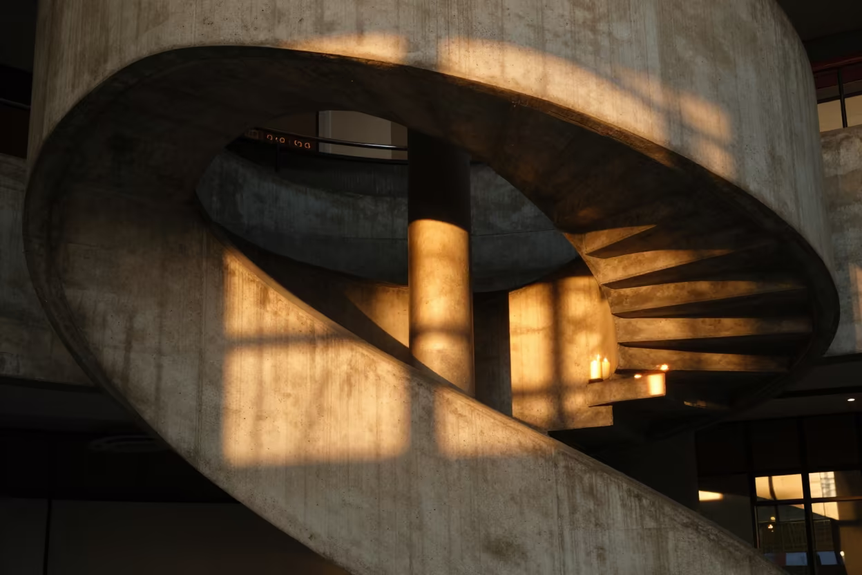 Spiral Staircase Shadows on Curved Concrete Wall in inside a restored train terminal in Jinan