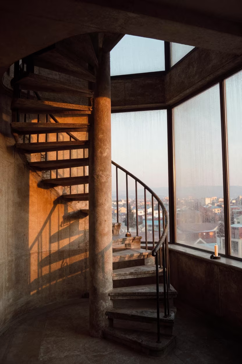 Spiral Staircase Shadows on Curved Wall in inside a skylit passageway in Afyonkarahisar