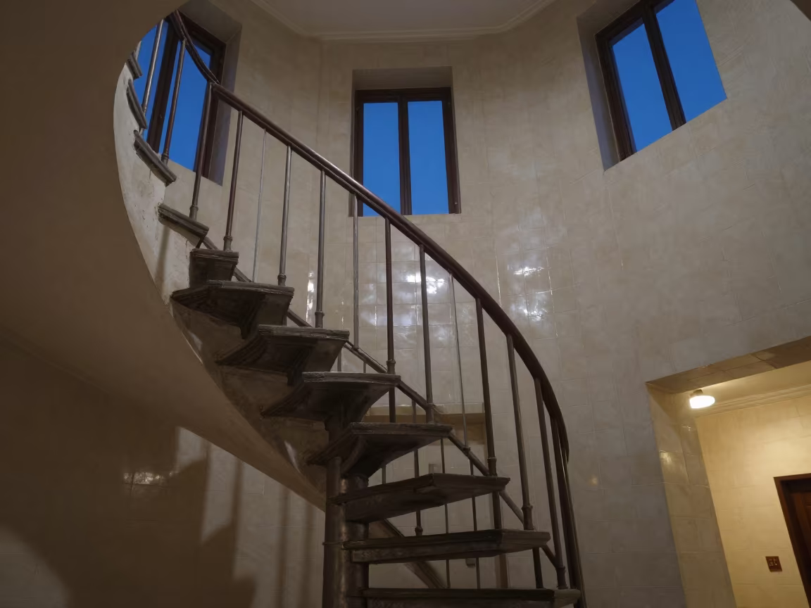 Spiral Staircase Shadows on Tiled Wall Larkana in inside a tiled stair hall in Larkana