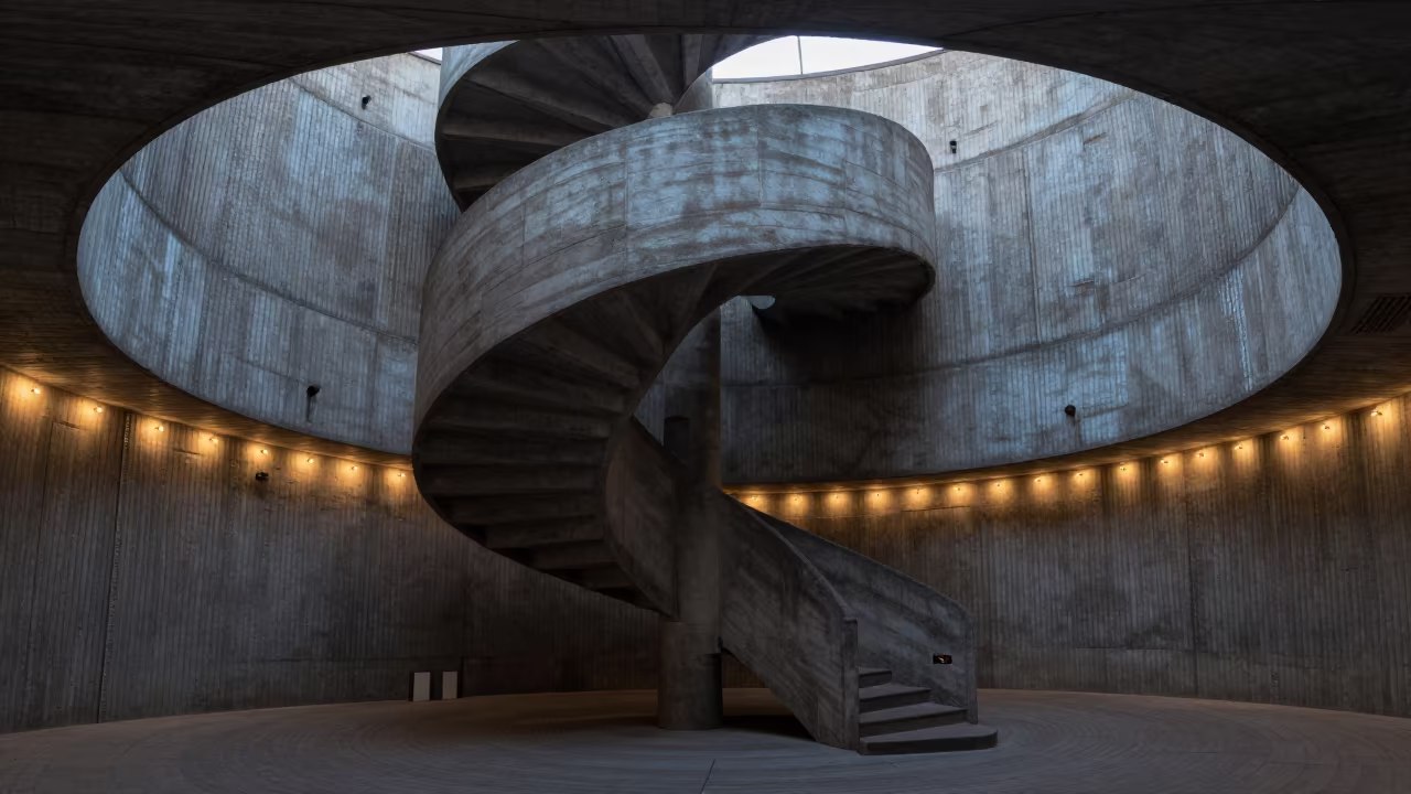 Spiral Staircase in Singida Lobby in inside a ribbed concrete lobby in Singida